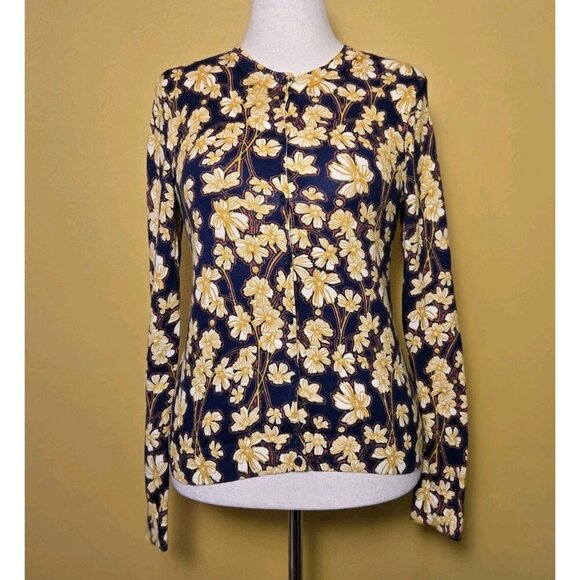 J Crew Caryn Cardigan Floral Yellow Black Red Medium F4734 FA16 Button Cotton - Picture 1 of 8